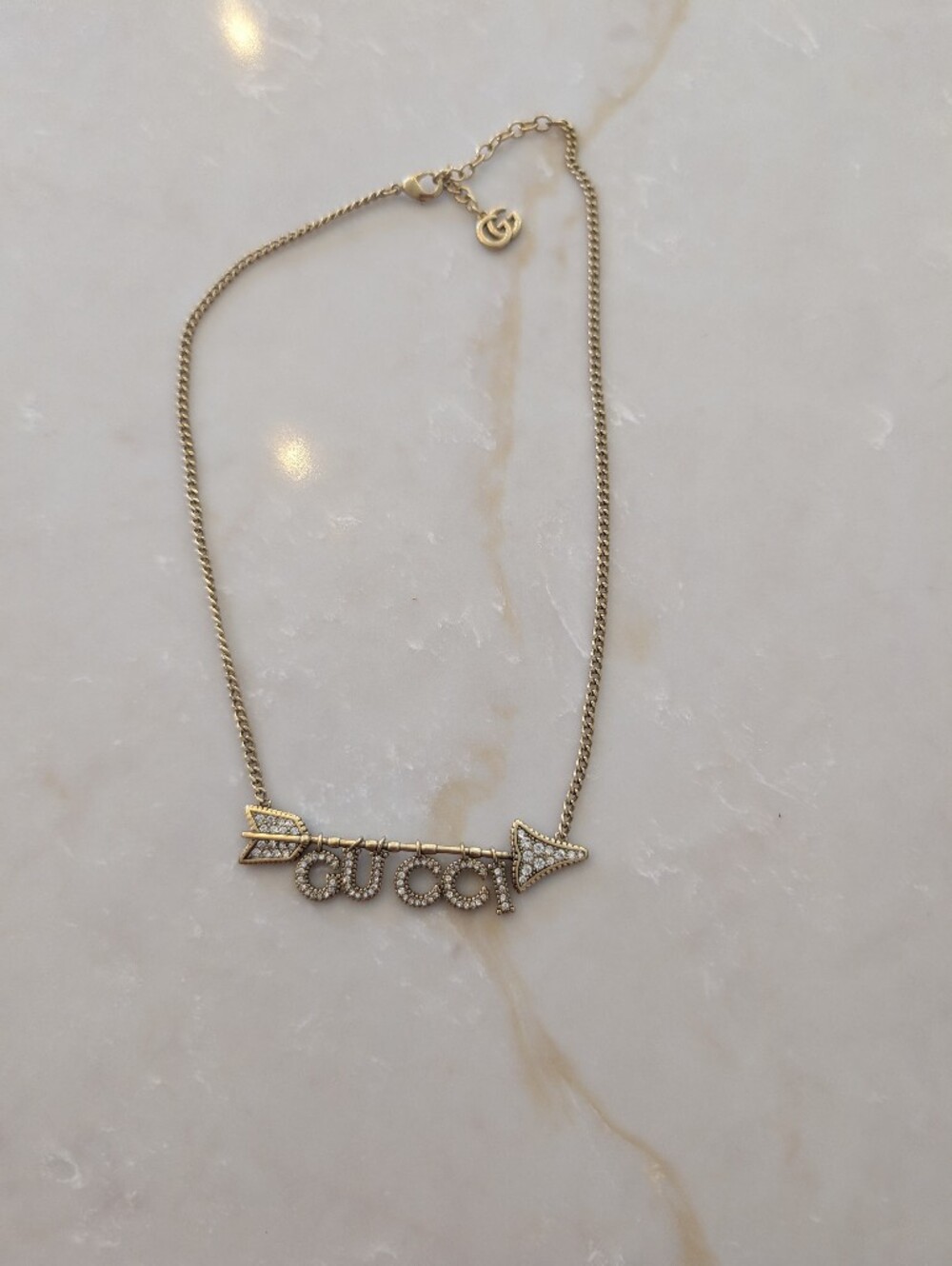 Gucci Gold Crystal Arrow Logo Necklace